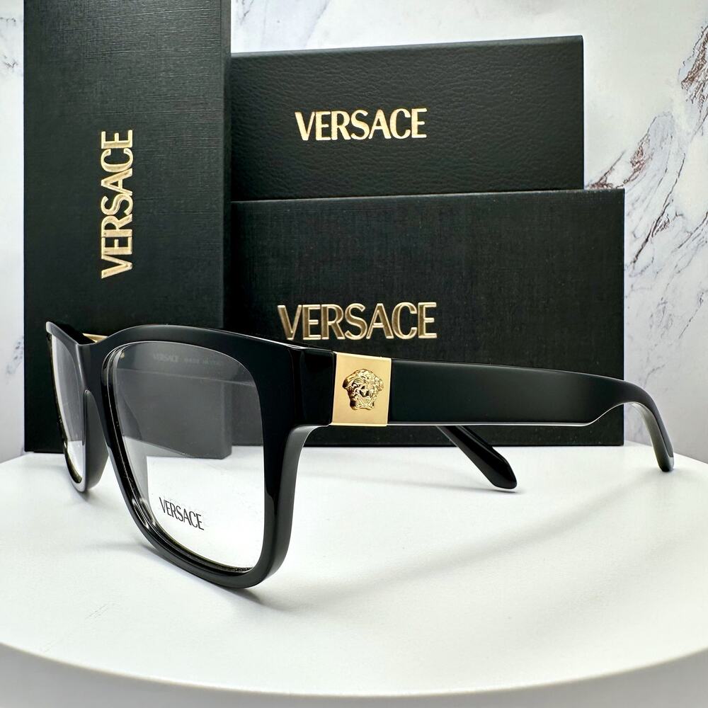 New VERSACE Eyeglasses Black Square 56-17-145mm Gold Medusa Versace